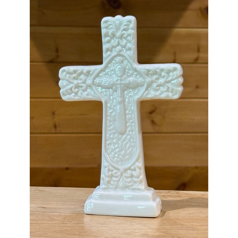 White Ceramic Pearlescent Standing Cross Embossed Floral Religious Decor